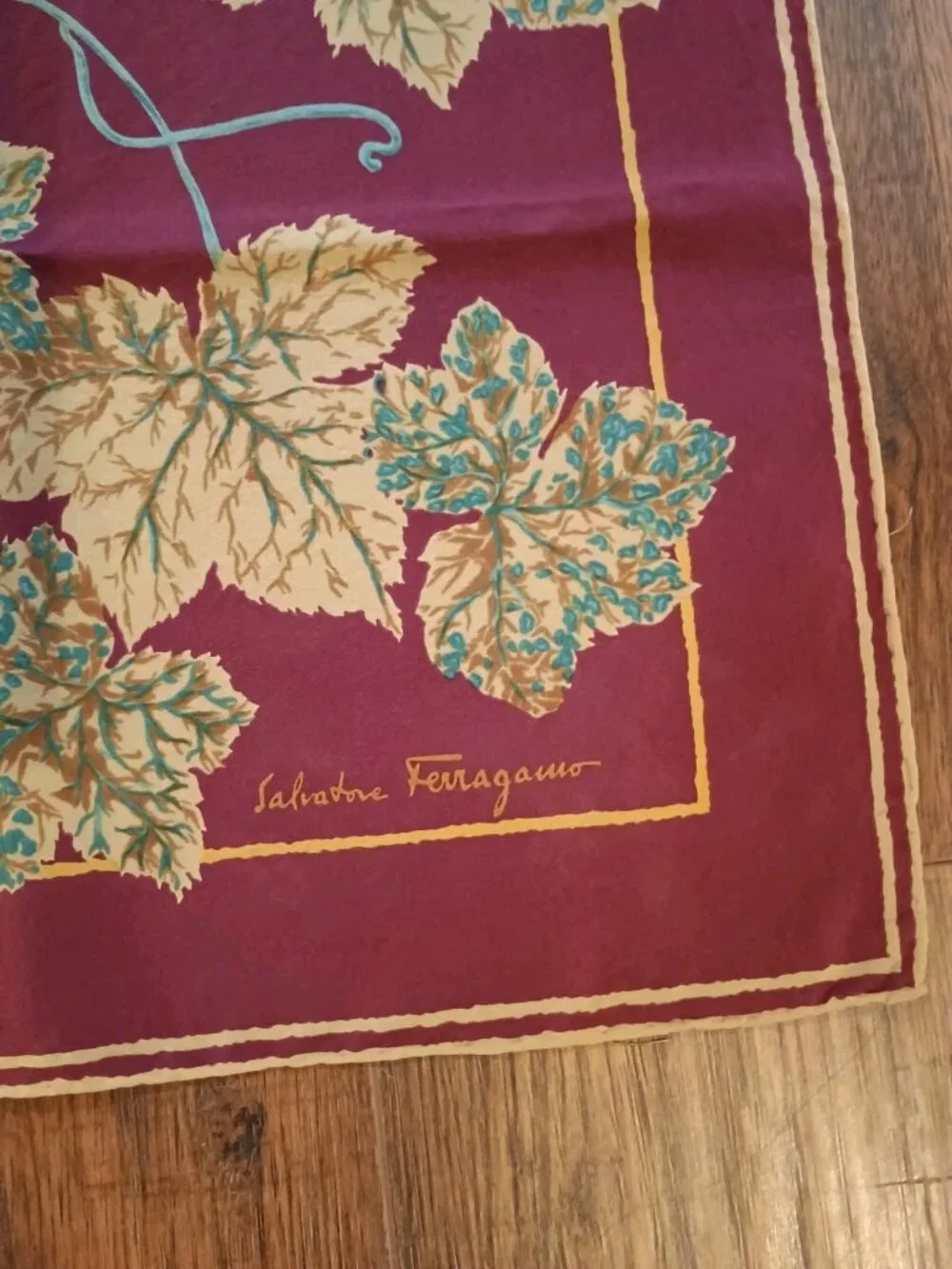 Vintage Salvatore Ferragamo Italy Grapes Motif Maroon Silk Scarf 31in Square